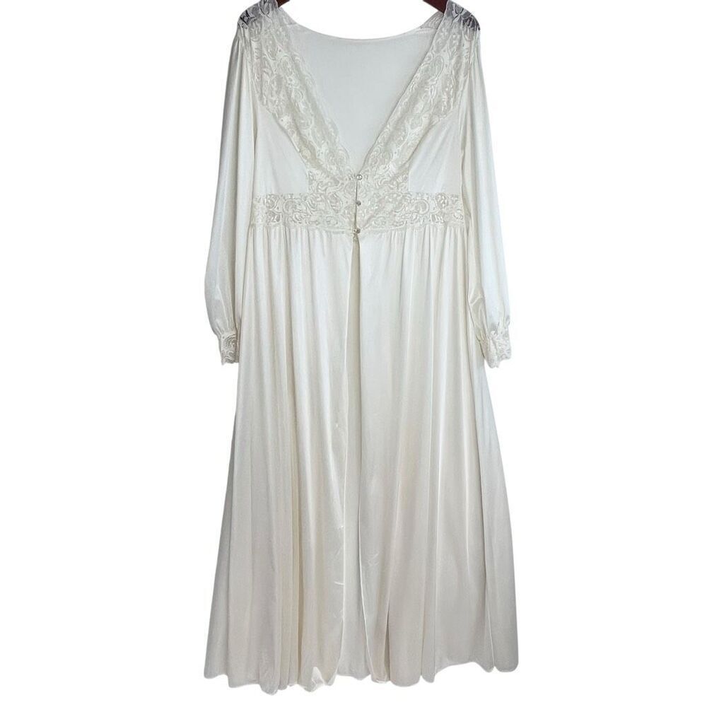 Vintage Shadowline Womens Peignoir Lace Chiffon Long Sleeve Robe Ivory Sz Medium